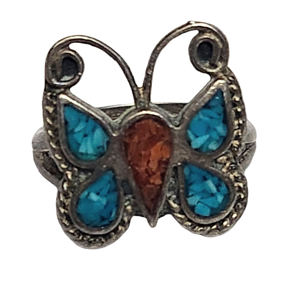 Vtg Sterling Silver Turquoise Chip Native American Hopu  Butterfly Ring Size 7 - Picture 1 of 5